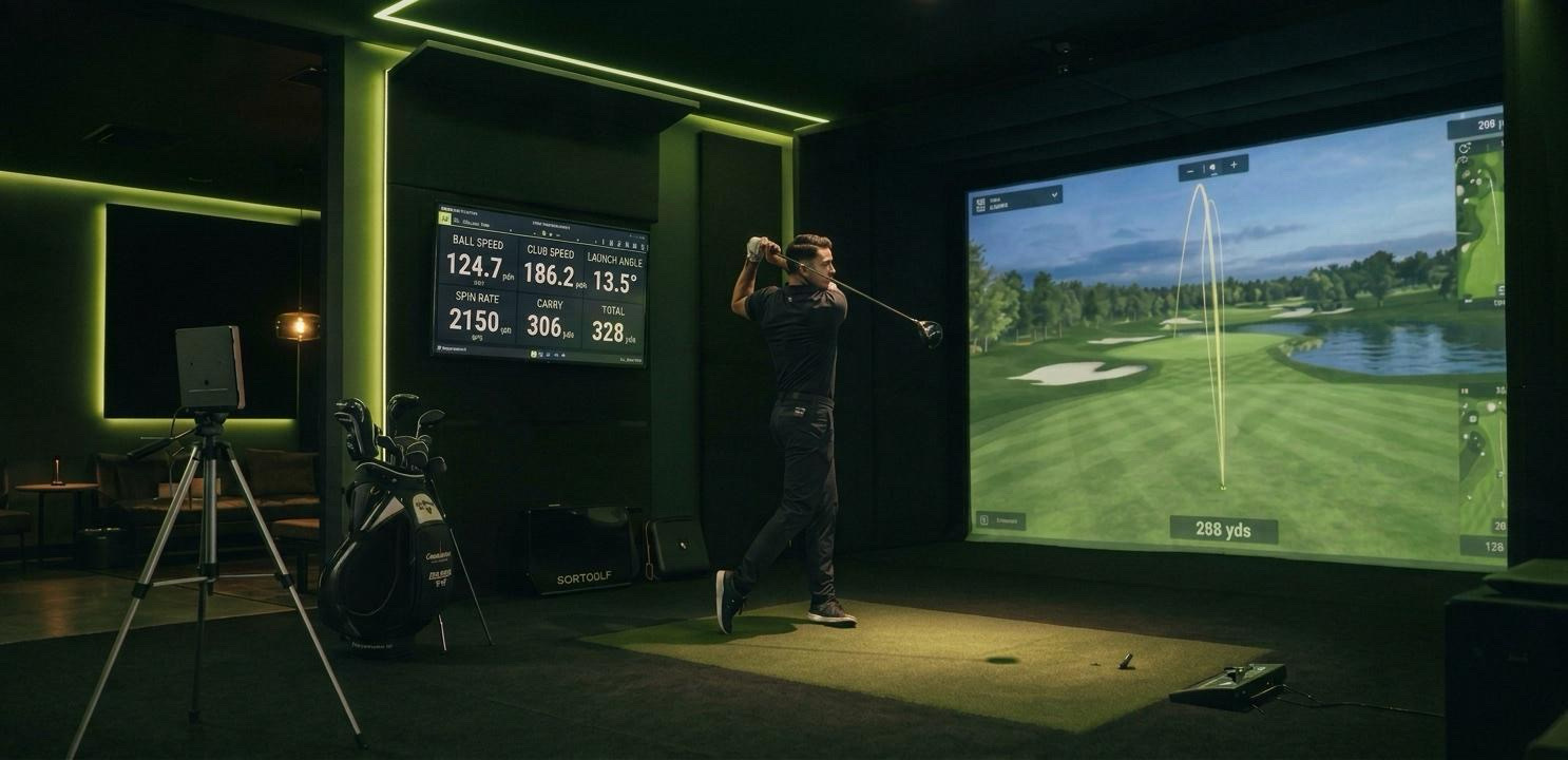 Golfer hitting a drive in an indoor golf simulator
